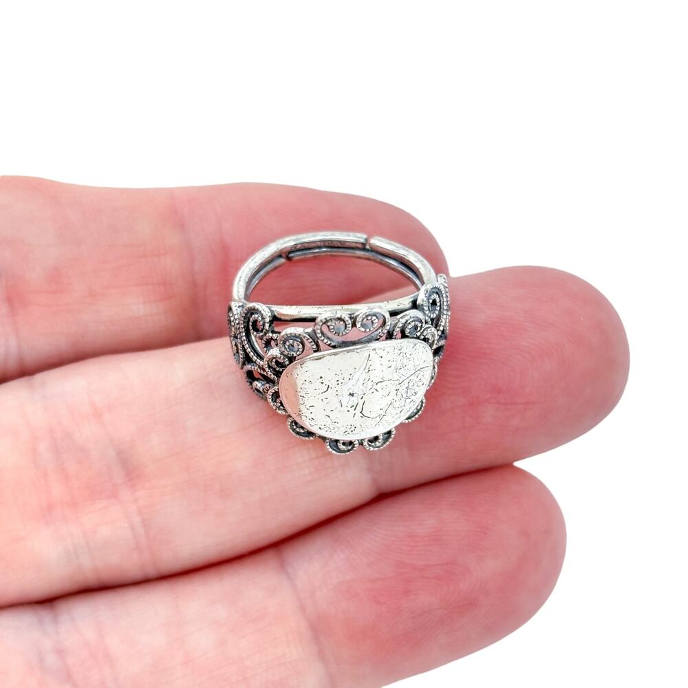 Vintage Sterling Silver 925 Ornate Blank Cartouche Ring Adjustable Size 5.5